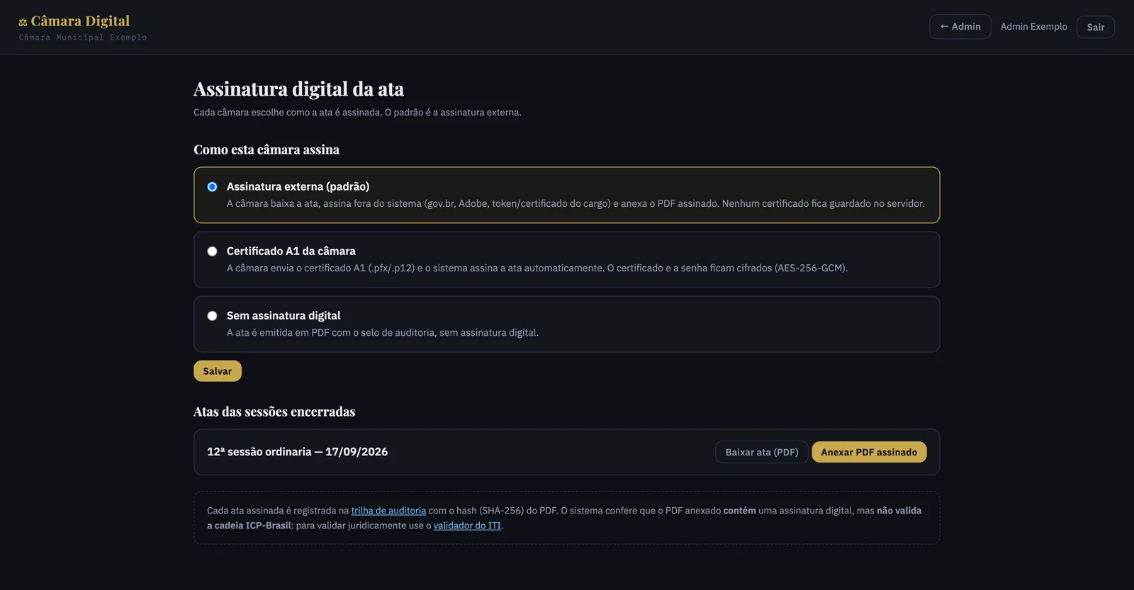 Tela de assinatura digital da ata, com as opções de assinatura externa, certificado A1 ou sem assinatura