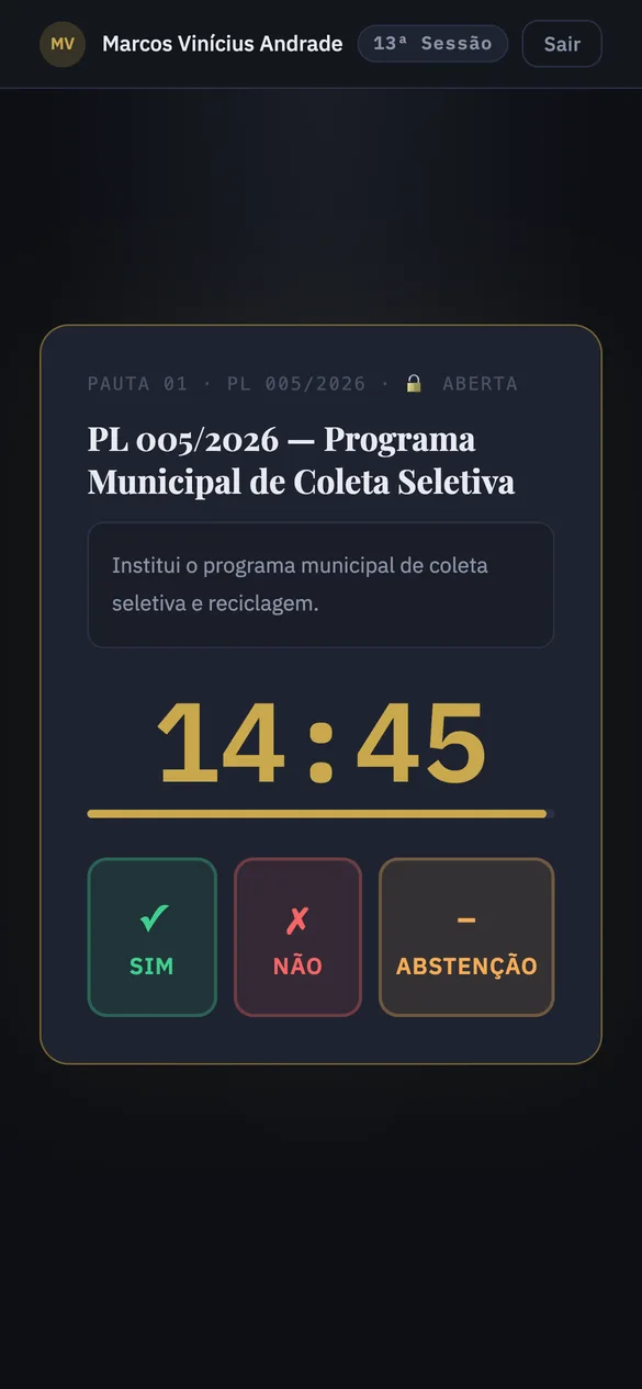 Tela do vereador no celular, com os botões Sim, Não e Abstenção e o tempo restante da votação